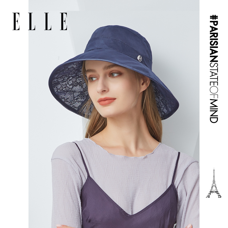 ELLE真丝帽子女士春夏季时尚出游法式优雅大帽檐蚕丝帽蕾丝时装帽