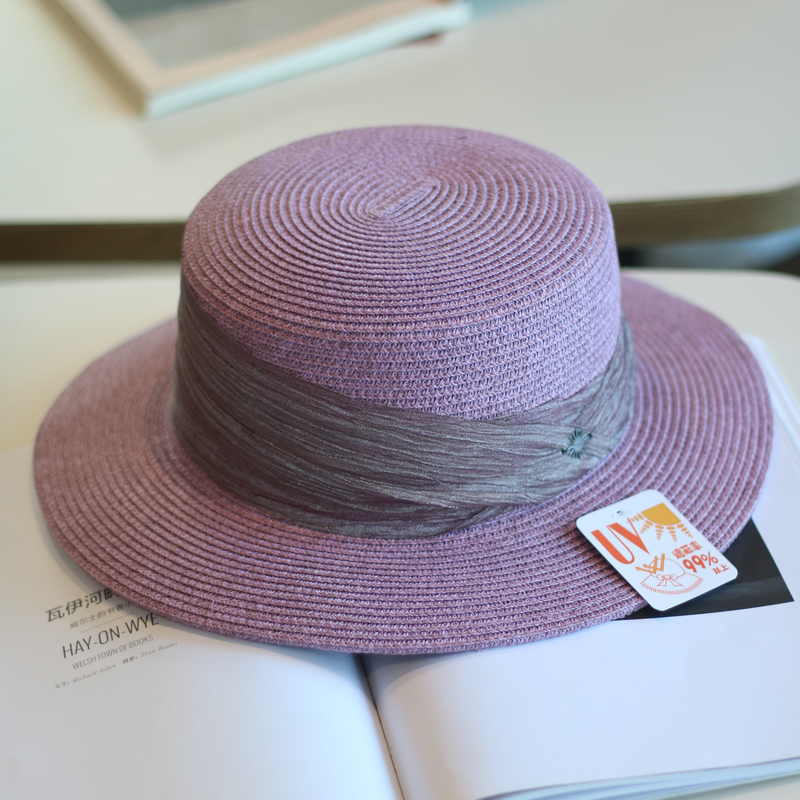 帽范 法式优雅褶皱丝带草编平顶帽英伦休闲百搭度假遮阳春夏礼帽