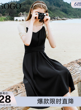 Lagogo拉谷谷夏季新款黑色高腰拼接收腰气质连衣裙女法式设计感