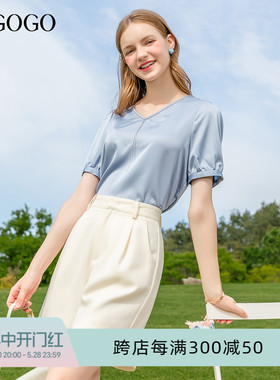 Lagogo拉谷谷高级感泡泡袖上衣女2024年夏季新款V领减龄气质短袖