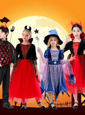 万圣节儿童服装女童吸血鬼女孩恐怖恶魔小女巫礼服化装舞会演出服
