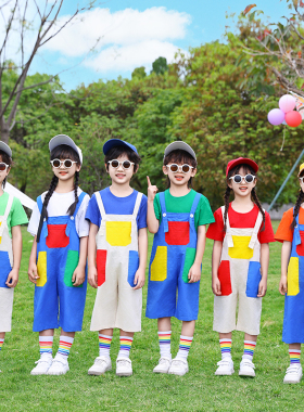 六一儿童啦啦队演出服幼儿园毕业班服短袖可爱背带裤小学生运动会