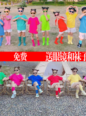 儿童彩色T恤夏季纯色纯棉短袖小学生班服糖果色幼儿园亲子装旅游
