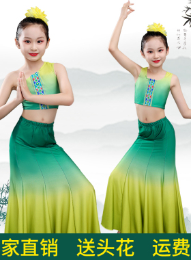 儿童傣族舞蹈演出服儿童演出包臀大摆裙鱼尾半身裙孔雀舞蹈练功裙