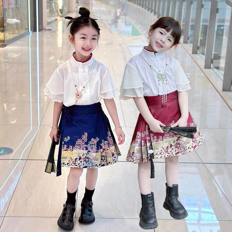马面裙女童夏季短袖套装中国风夏天童装半身裙日常汉服短款薄春季