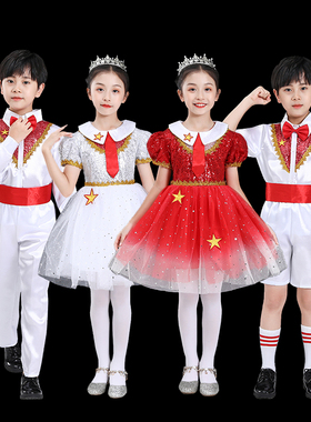 六一儿童演出服幼儿园女童蓬蓬裙纱裙表演服小学生朗诵红色合唱服