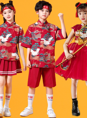 儿童啦啦队演出服小学生女童旗袍古装男童唐装中国风合唱表演服装