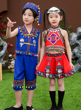 新款六一儿童苗族演出服女童彝族服装少数民族舞蹈服饰傣族表演服