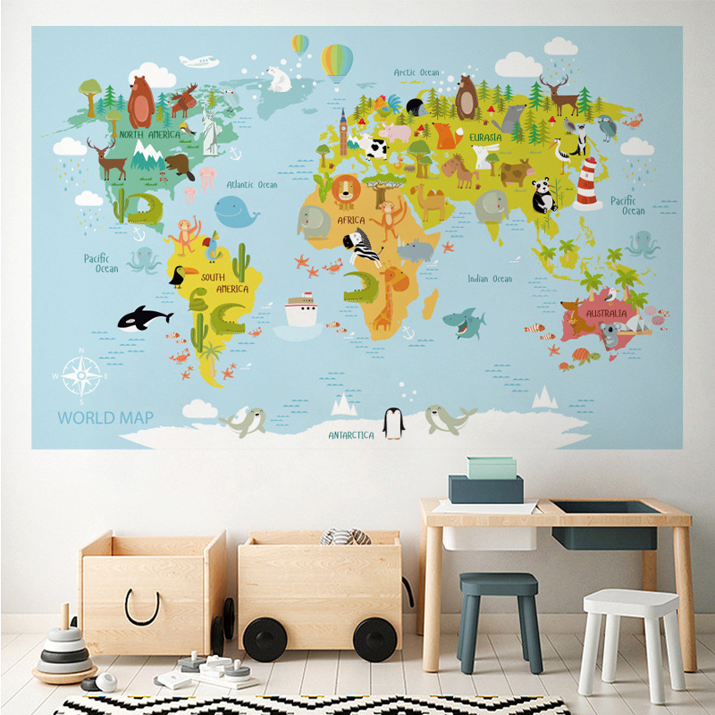 简约风创意儿童房装饰画卡通动物世界贴画卧室小孩书房背景墙壁画
