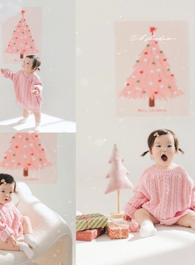 儿童摄影服装女孩粉色圣诞写真主题宝宝周岁照拍照服装圣诞节道具