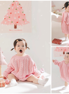新款儿童摄影服装道具周岁女宝拍照衣服毛衣粉色圣诞主题影楼写真