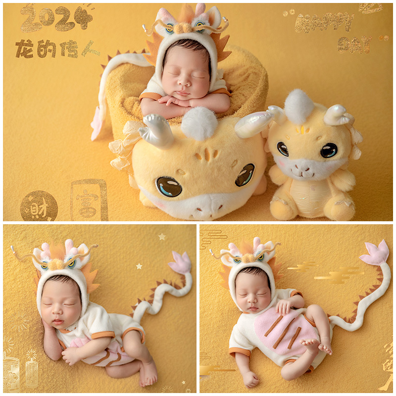 新年新生儿摄影服装道具婴儿拍照黄色龙玩偶龙的传人影楼满月照