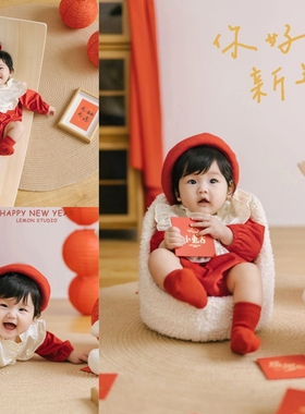 儿童摄影主题服装红色新年女孩宝宝百天照周岁照拍照服装道具