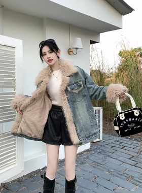 韩国秋冬新款羊羔绒加厚加绒牛仔开衫中长款宽松时尚保暖毛外套女