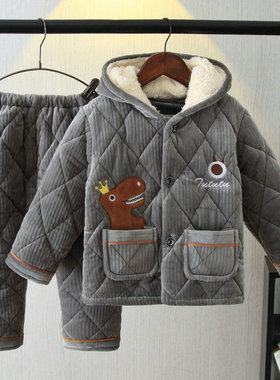 冬季儿童睡衣三层加厚夹棉男童中小童恐龙法兰绒珊瑚绒带帽家居服