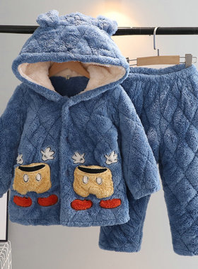 儿童睡衣冬季三层加厚夹棉珊瑚绒带帽男童中小童法兰绒家居服套装