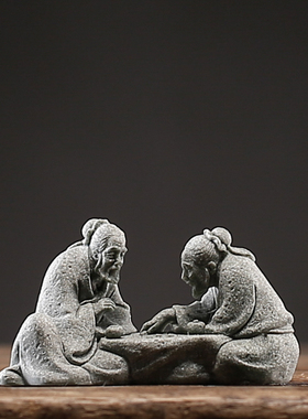 中式博弈仙翁茶宠摆件青砂石创意下棋老者鱼缸造景茶桌书房装饰品