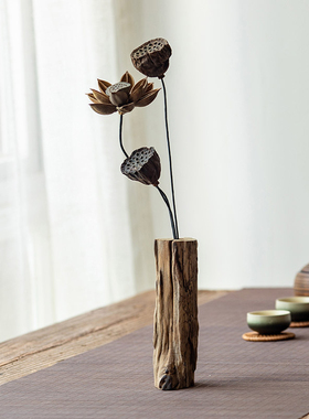 异丽客厅茶桌装饰品复古茶台茶艺木头小花瓶创意中式禅意茶室摆件