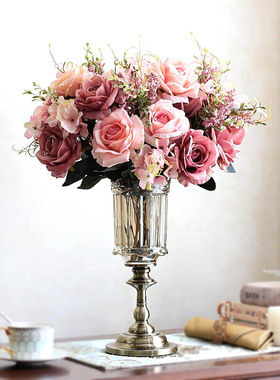 欧式餐桌干花装饰品玻璃花瓶摆件法式轻奢客厅摆设美式茶几插花