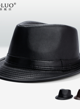 黑色皮帽男春秋冬季礼帽牛仔帽韩版潮遮阳帽中老年人绅士爵士帽子