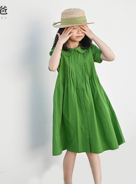 蔡爸爸童装第316个童话新款夏装文艺女童裙子绿色百褶大童连衣裙
