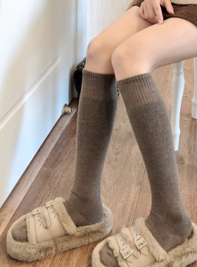 秋冬加绒奶咖啡小腿袜女加厚保暖灰色中筒袜羊毛卡其色堆堆袜短袜