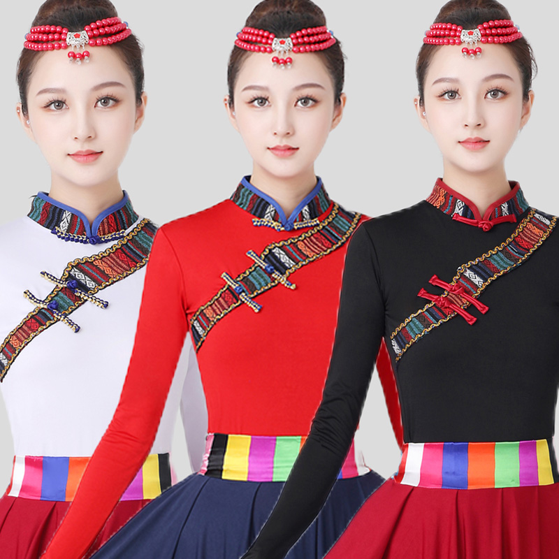 少数民族风藏族舞蹈服装女舞台演出锅庄卓玛半身牛奶丝上衣短袖