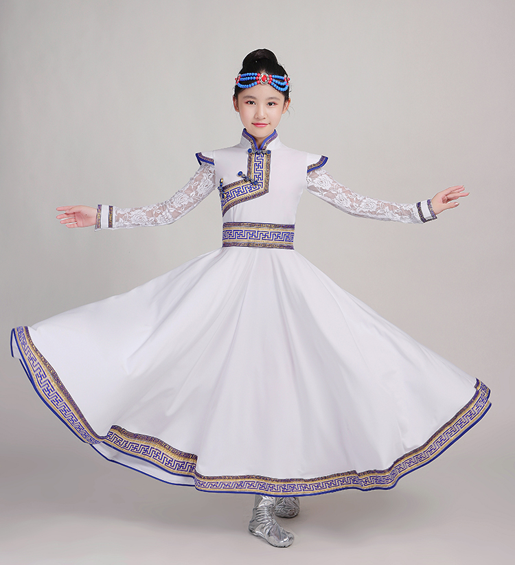 新品蒙古舞蹈演出装女儿童民族风表演服饰长款鄂伦春族舞台男学生