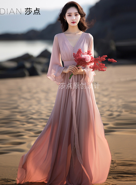 柔和粉色连衣裙雪纺长裙名媛气质大摆裙到脚踝海边度假裙沙滩裙