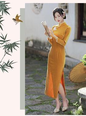 复古旗袍少女年轻款长袖加厚优雅中国风连衣裙长款性感冬季改良版