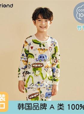 23年韩国儿童睡衣套装纯棉小恐龙男童女童春秋薄款空调服家居服