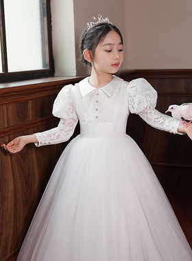 白色高端儿童晚礼服秋冬十岁女孩生日派对公主裙主持人钢琴演出服