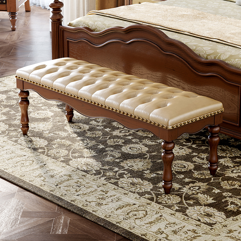美式轻奢实木床尾凳简美乡村风格现代简约卧室成套家具床榻长凳