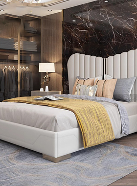 意式极简轻奢简约现代主卧双人床实木床真皮床卧室成套家具1.8米