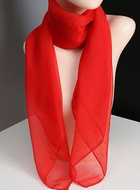 小方巾女纯色韩版围脖薄款雪纺领巾百搭正方形装饰丝巾围巾大红色