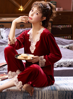 睡衣女士春秋款长袖秋冬季金丝绒韩版可外穿家居服加大码红色套装