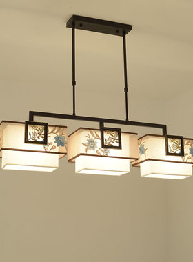 新中式餐厅吊灯长方形三头LED灯具中国风复古禅意书房茶室吧台灯