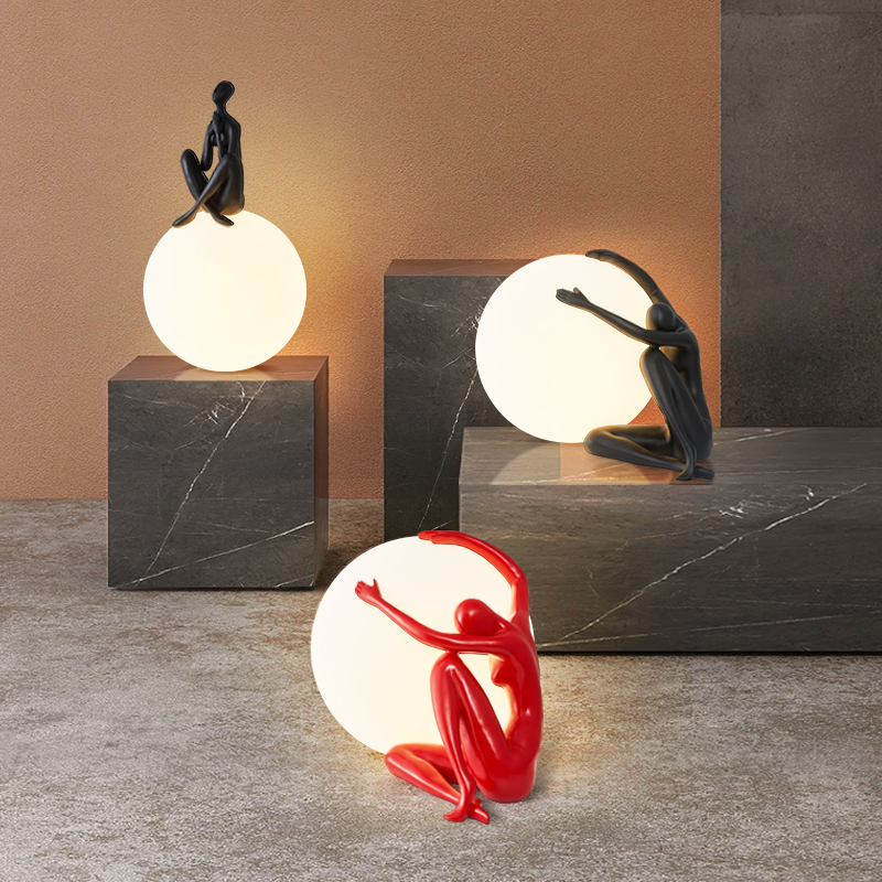 现代艺术雕塑人像装饰led台灯创意抽象人形抱球立式桌面摆设灯具