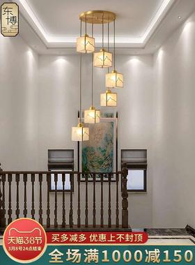 新中式全铜楼梯吊灯复式楼中国风客厅餐厅铜灯别墅创意旋转长吊灯