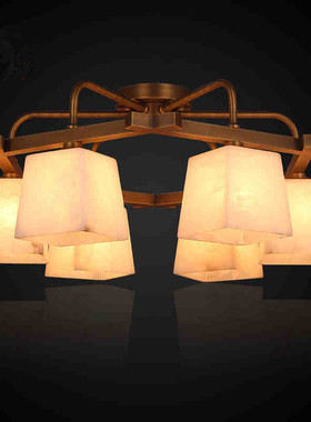 新中式云石铜灯大气客厅全铜吊灯欧式现代简约复古纯铜吸顶灯艺术