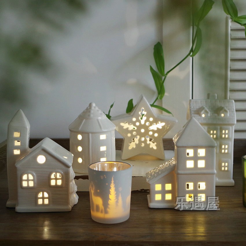 法式乡村 出口单陶瓷LED圣诞雪屋小夜灯 北欧圣诞氛围摆件 道具