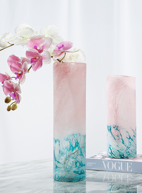 樱花粉琉璃蓝色冰晶花瓶摆件现代简约客厅样板水培花器插花装饰