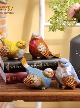 田园陶瓷小鸟装饰摆件卡通釉面陶瓷桌面动物饰品玄关书房拍摄道具