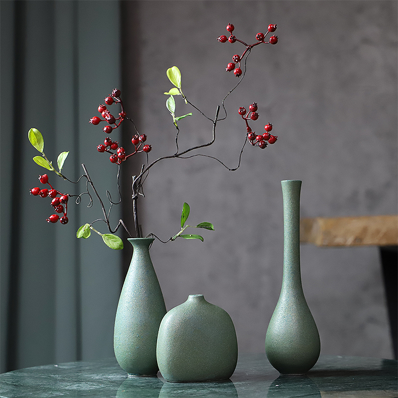 现代简约复古磨砂绿陶瓷小花瓶禅意摆件 创意插花器瓷器 客厅装饰