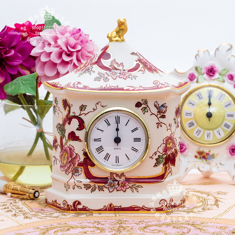 威基伍德Masons繁花锦簇手绘金时尚创意欧式陶瓷宫庭金狮时钟桌钟