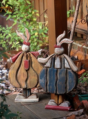 花园装饰庭院 木质兔子情侣摆件落地乡村风格装饰