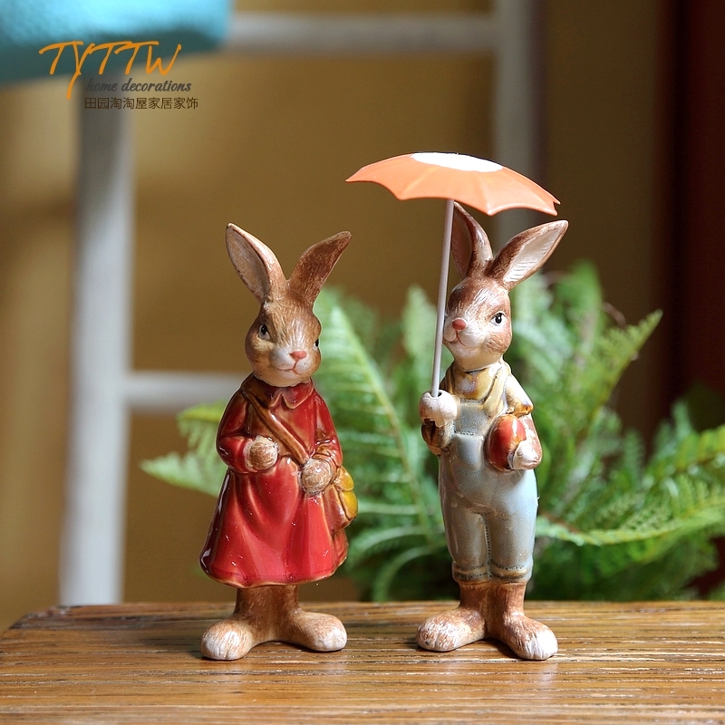美式乡村情侣兔兔可爱造型撑伞乌龟摆件 花园摆件儿童房