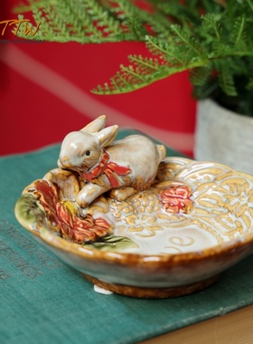 美式复古釉面陶瓷兔兔彩色手工肥皂烟灰缸首饰香薰收纳装饰摆件