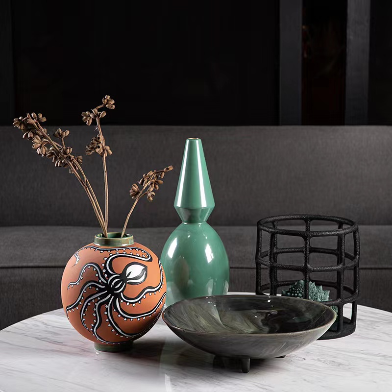新中式轻奢绿色花器装饰品客厅陶瓷葫芦插花花瓶房间玄关高端摆件