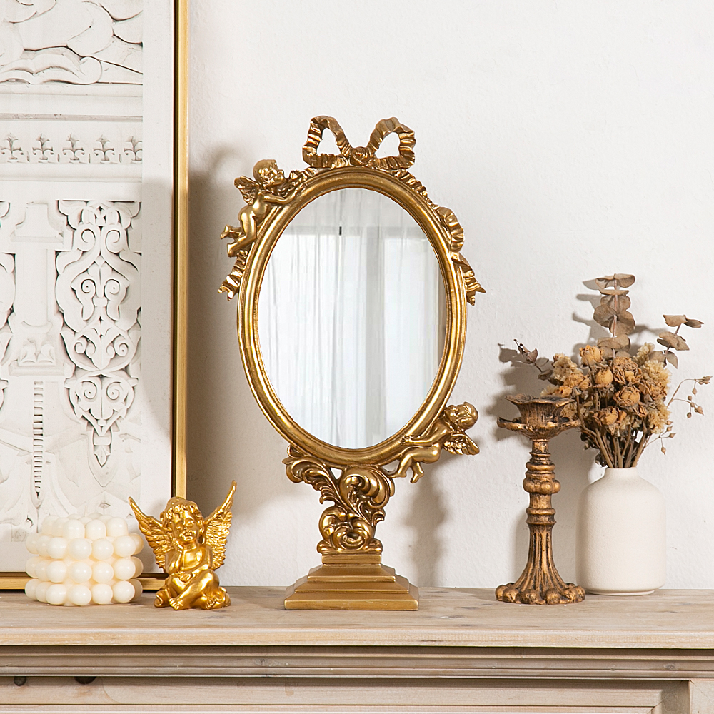 法式复古化妆镜轻奢高级宫廷风浮雕金色镜子ins风桌面台式梳妆镜